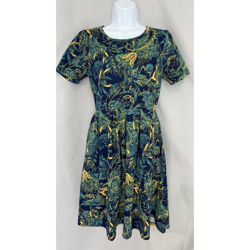 LuLaRoe Dress Medium Green Floral Fit Flare Short Sleeve Zipper Back